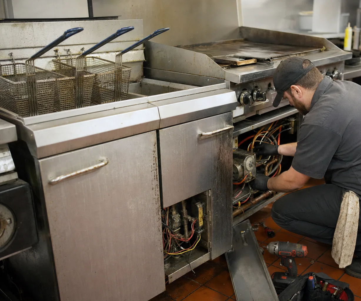 Technician servicing a commercial fryer and range line up close