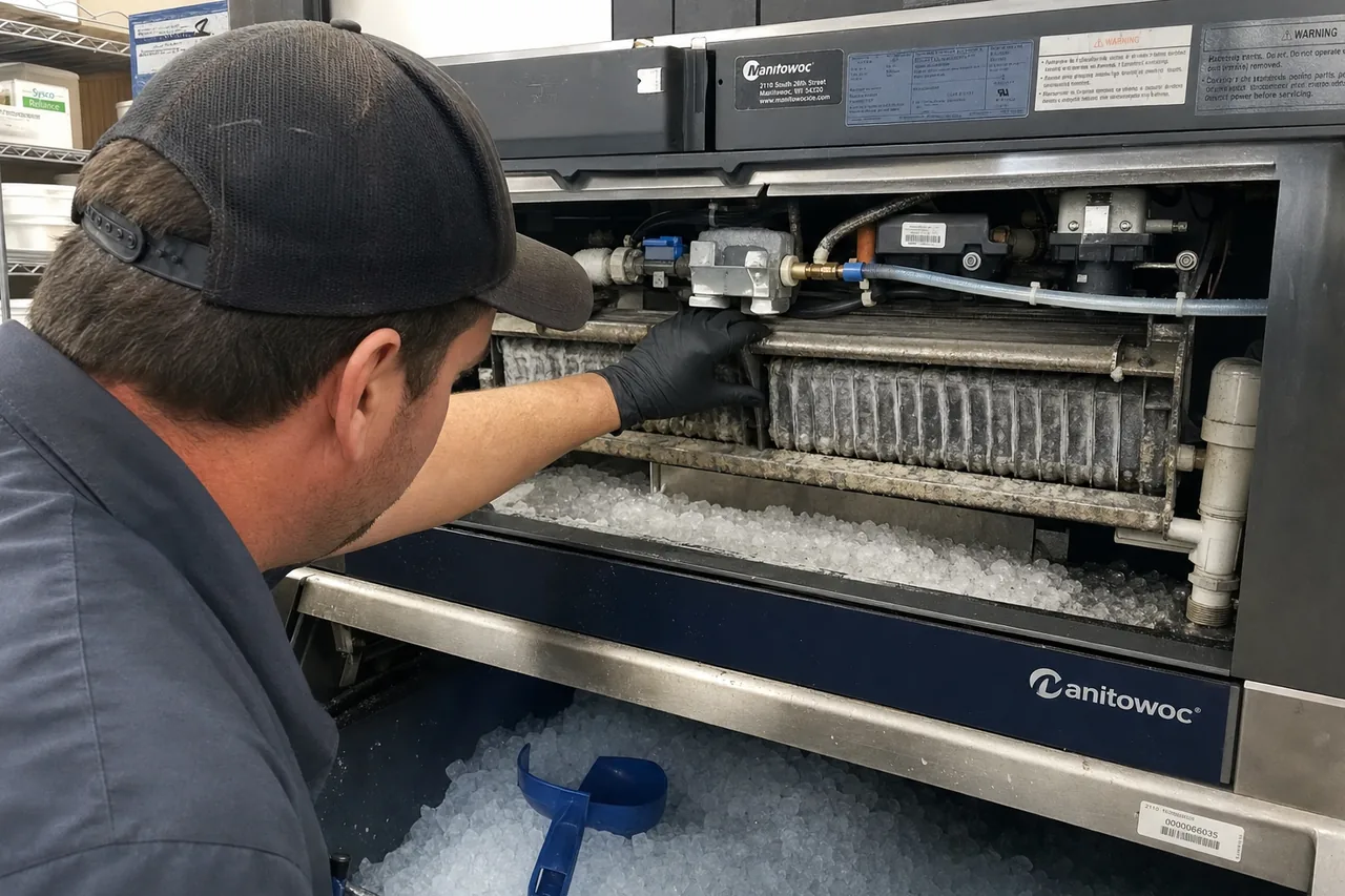 Technician servicing a commercial ice machine