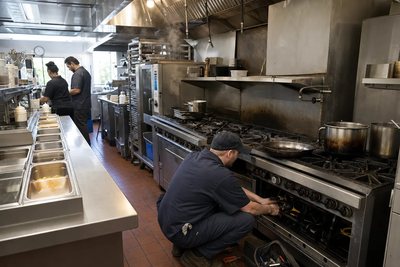 A stainless commercial kitchen line up close