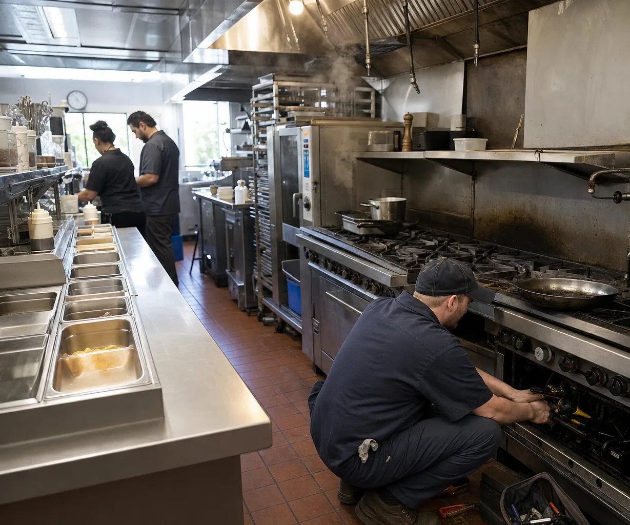 A stainless commercial kitchen line on a same-day service call