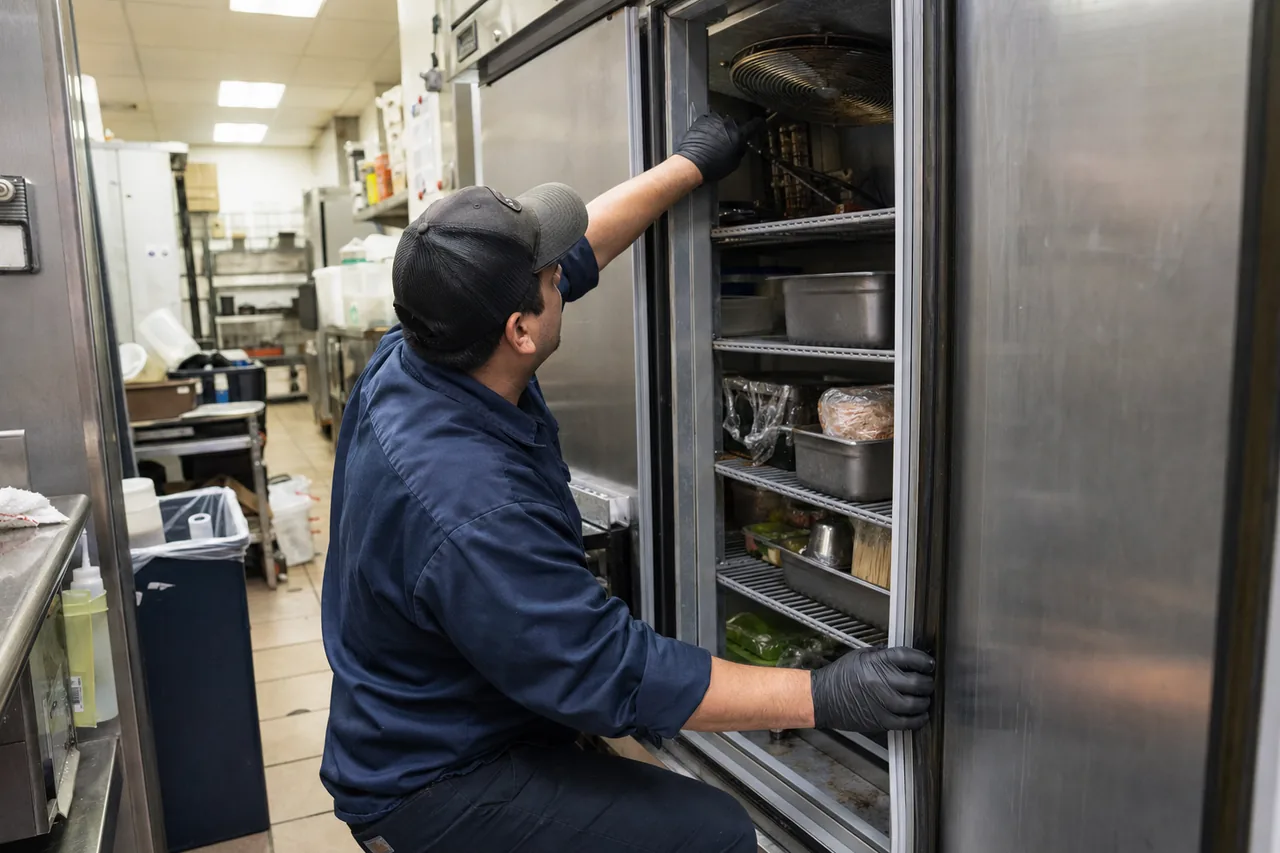 A busy commercial restaurant kitchen in Port Chester with stainless-steel equipment