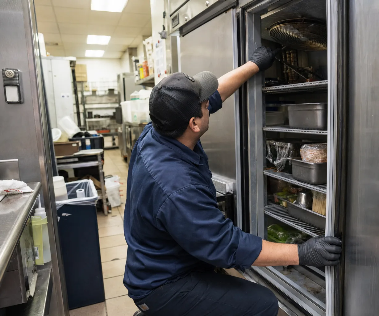 Technician servicing a commercial reach-in refrigerator up close