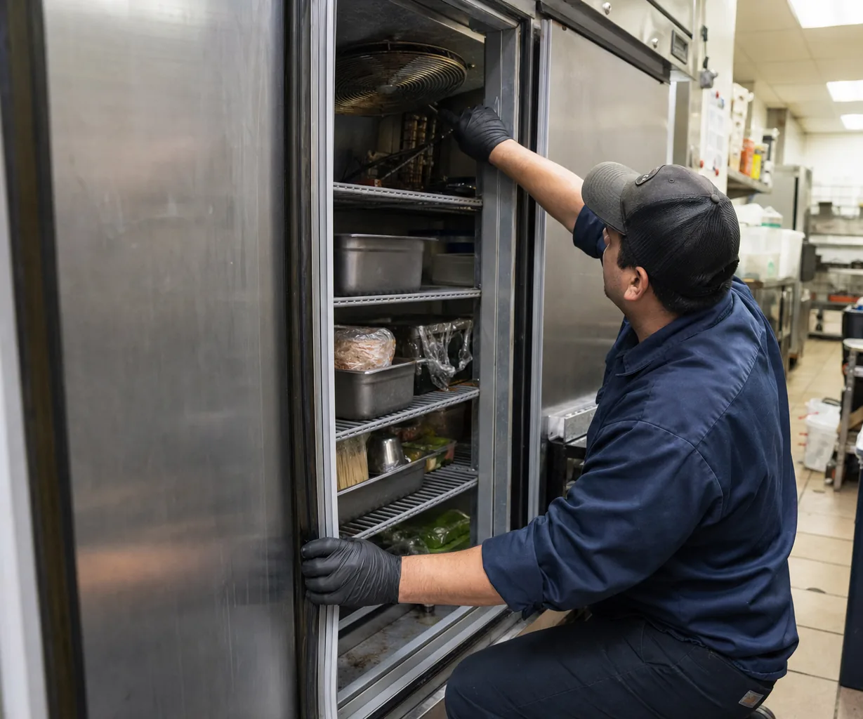 Technician servicing a commercial reach-in refrigerator during a 24/7 emergency visit