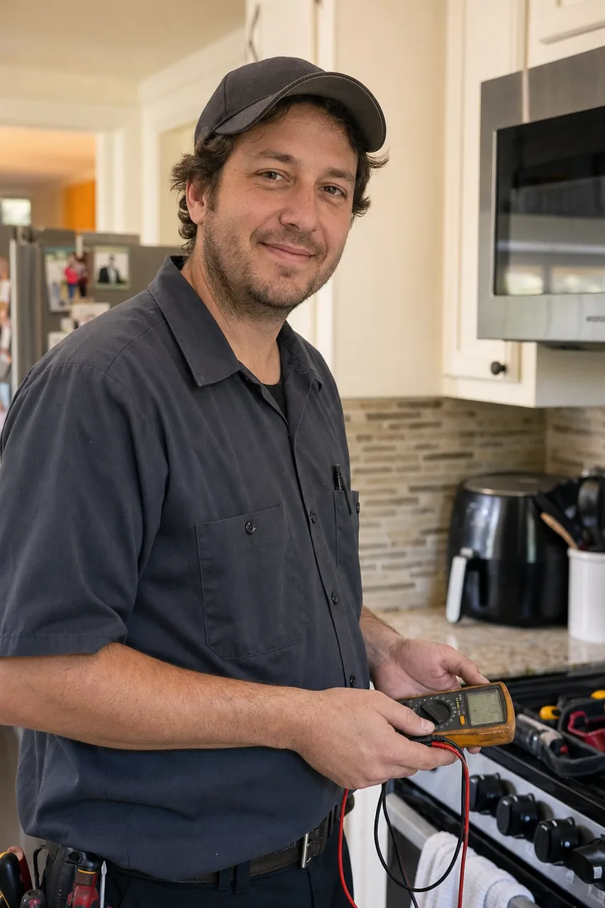A commercial kitchen repair technician holding a multimeter in a restaurant kitchen