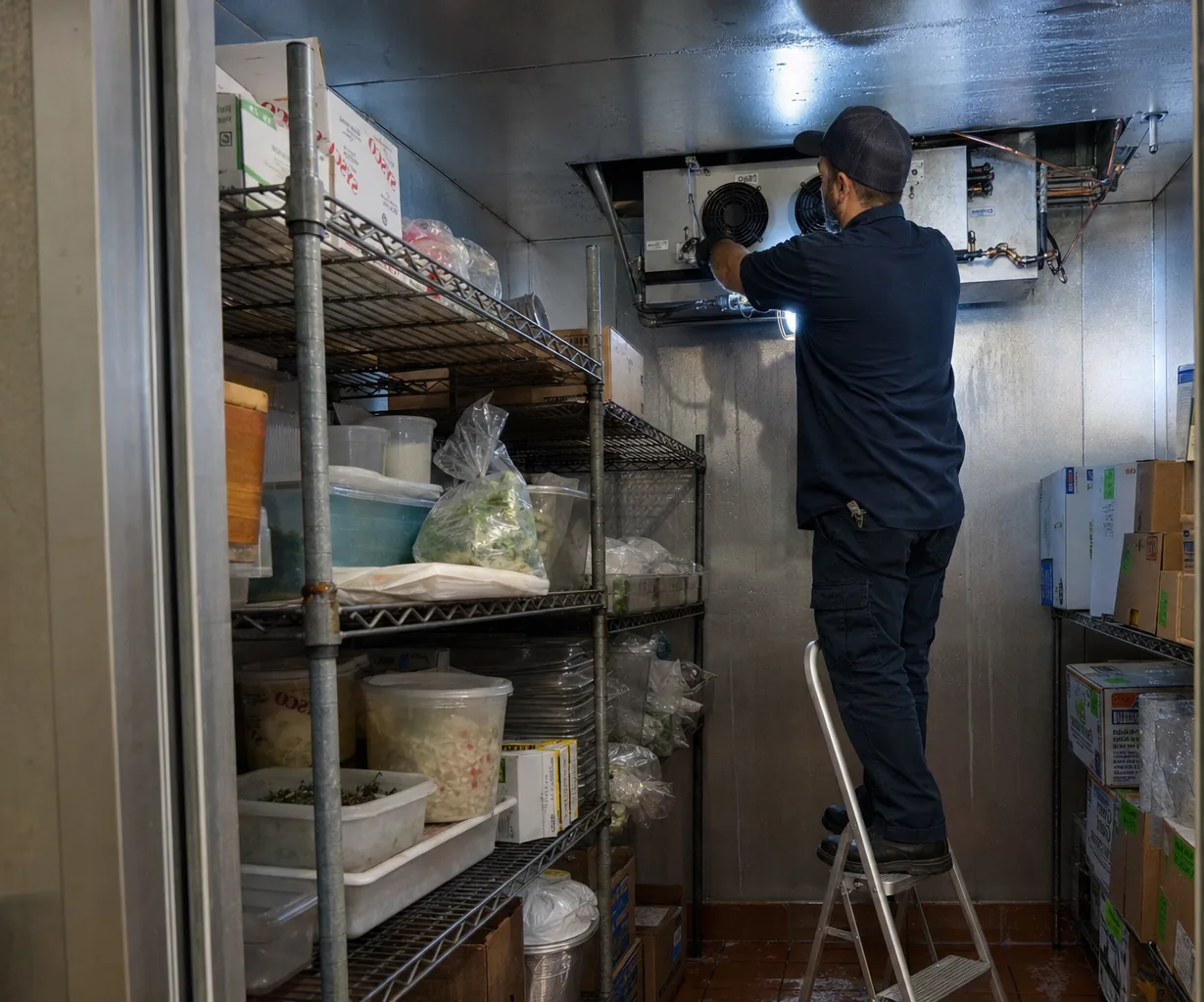 Technician servicing a walk-in cooler on a same-day service call